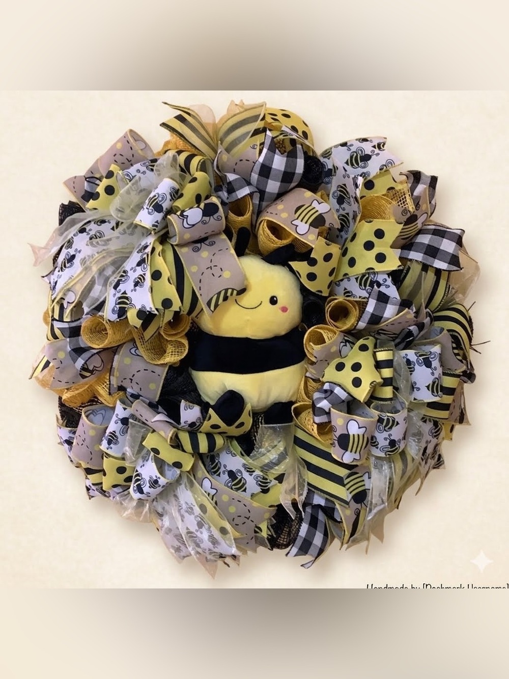 Spring/Summer Bumble Bee Ribbon Wreath with Bumble Bee Plush Handmade